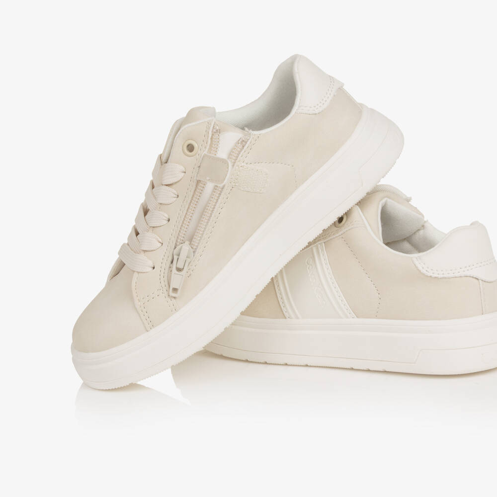 Calvin Klein-Boys Beige Faux Suede Leather Zip Up Trainers | Childrensalon