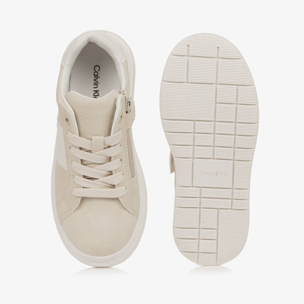 Calvin Klein-Boys Beige Faux Suede Leather Zip Up Trainers | Childrensalon