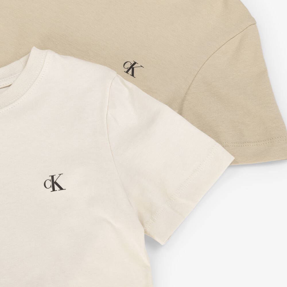 Calvin Klein-Boys Beige & Ivory Cotton T-Shirts (2 Pack) | Childrensalon