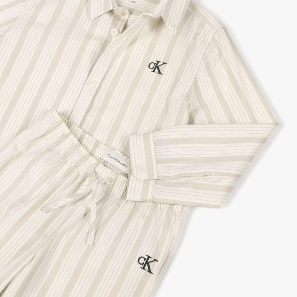 Calvin Klein-Boys Beige Striped Cotton Trousers Set | Childrensalon