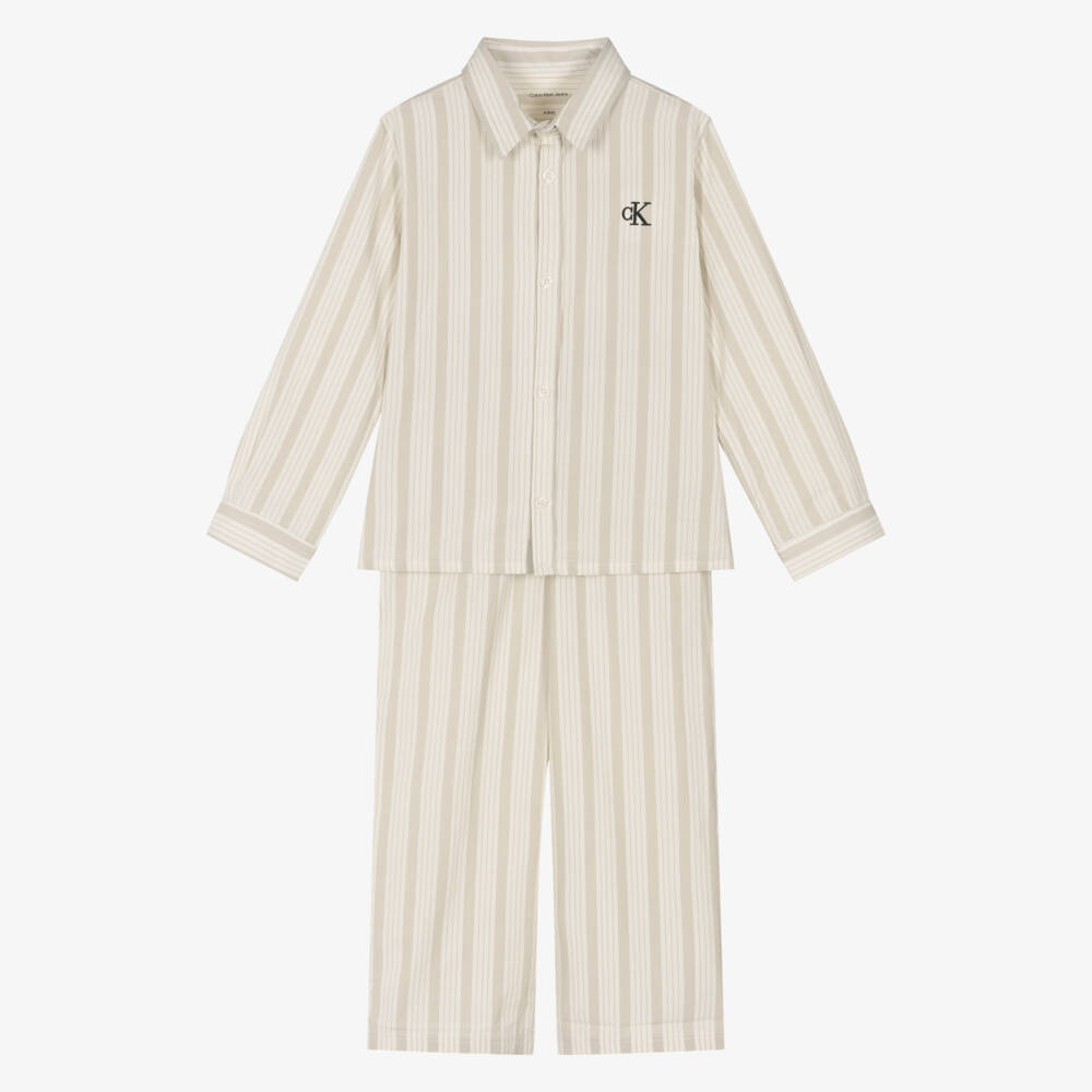 Calvin Klein-Boys Beige Striped Cotton Trousers Set | Childrensalon