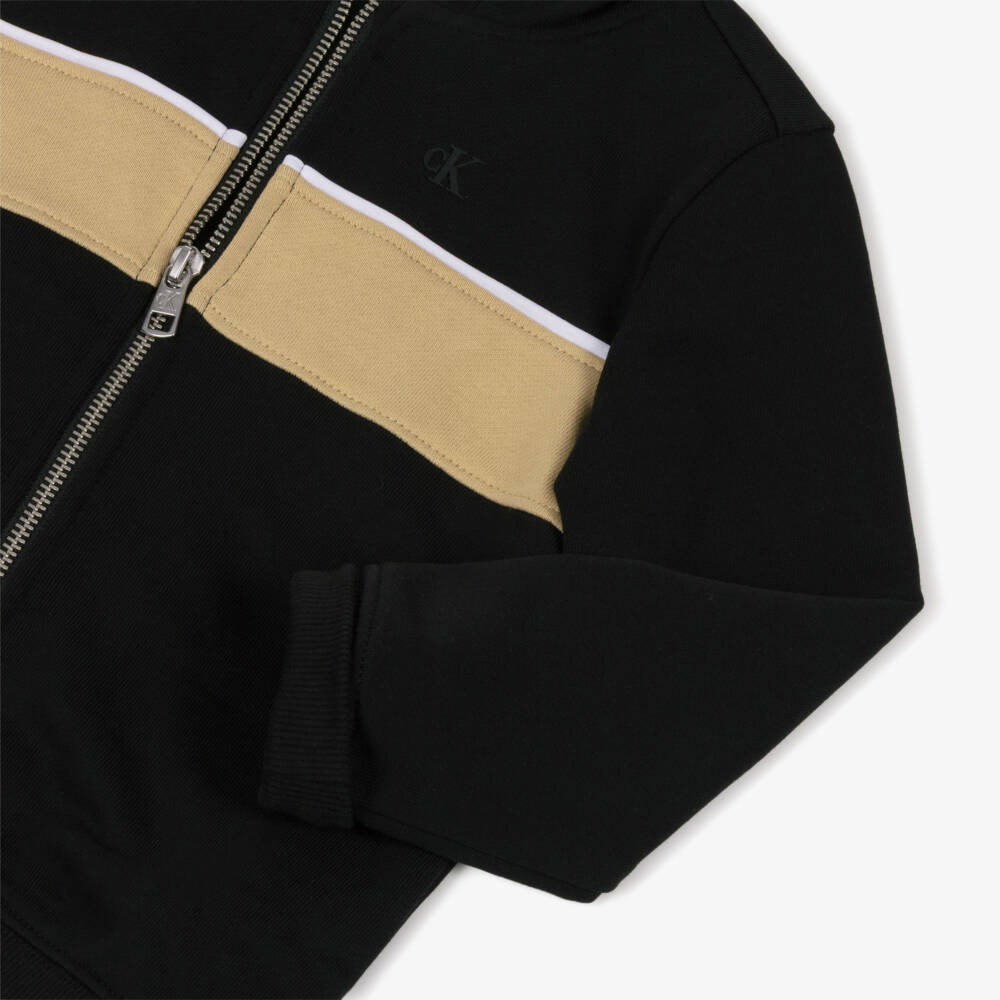 Calvin Klein-Boys Black & Beige Colourblock Zip-Up Hooded Top | Childrensalon