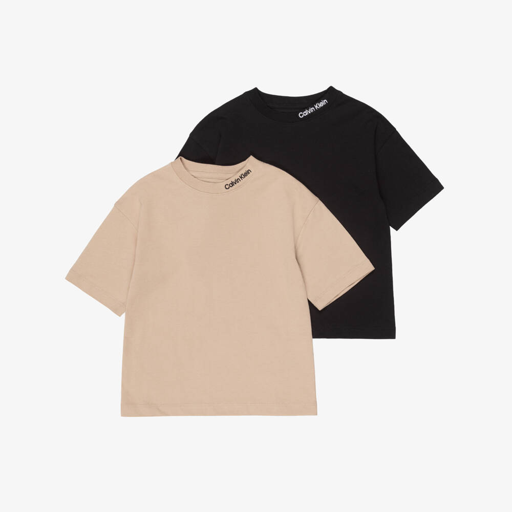 Calvin Klein-Boys Black & Beige Cotton T-Shirts (2 Pack) | Childrensalon