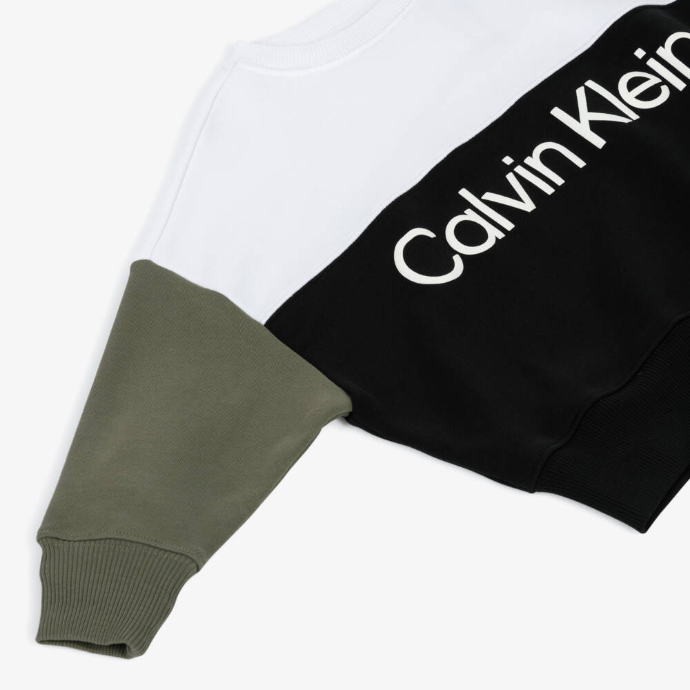 Calvin Klein-Boys Black Cotton Colour Block Logo Sweatshirt | Childrensalon
