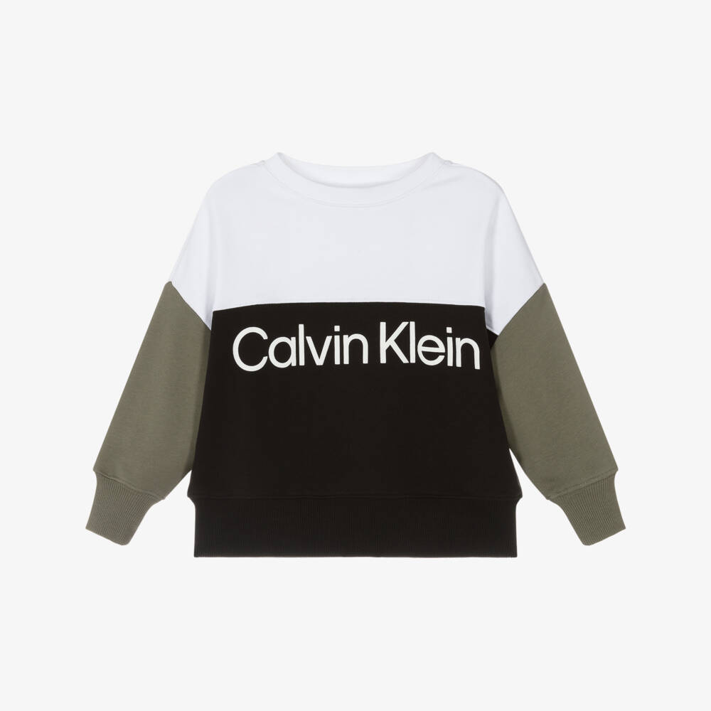 Calvin Klein-Boys Black Cotton Colour Block Logo Sweatshirt | Childrensalon