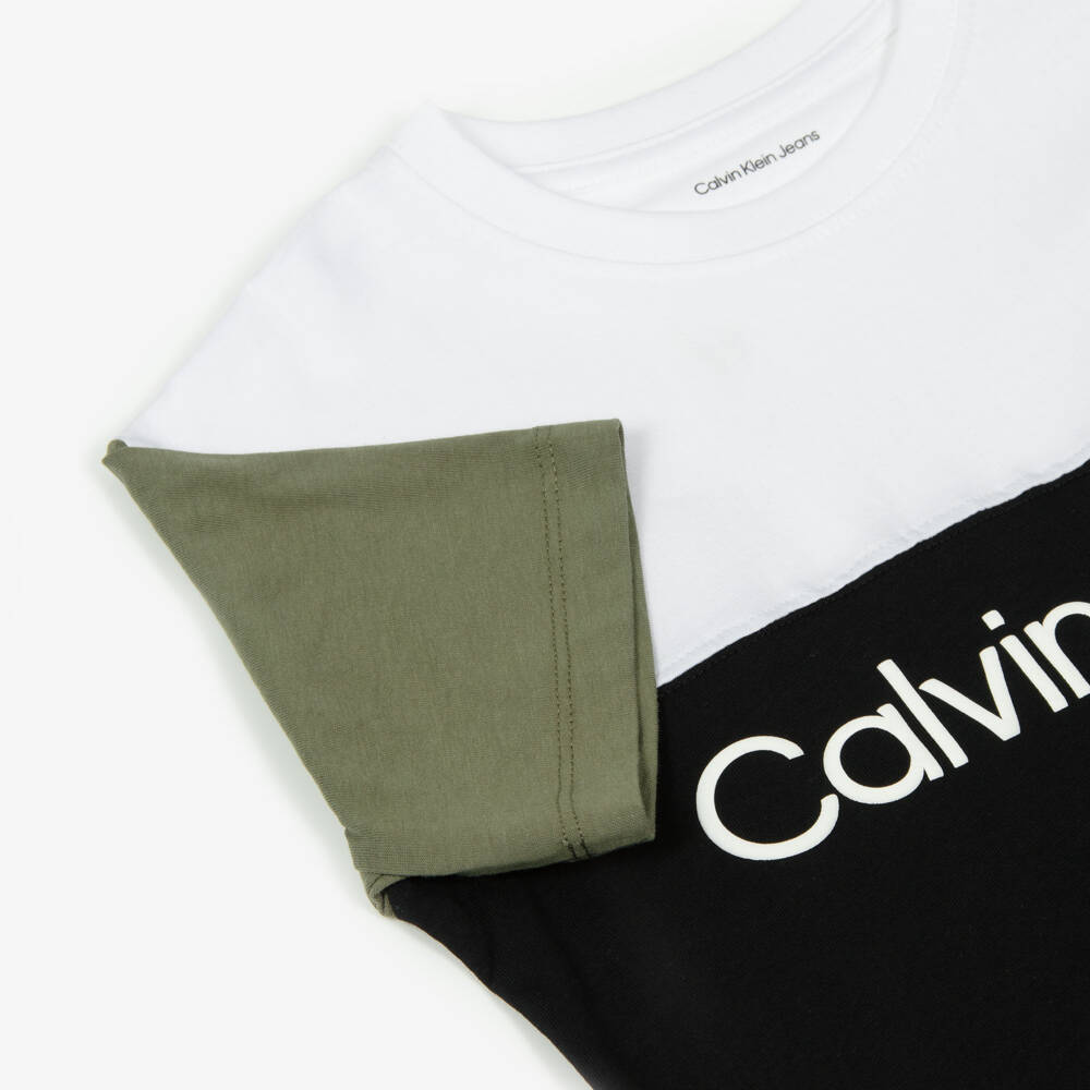 Calvin Klein-Boys Black Cotton Colour Block T-Shirt | Childrensalon