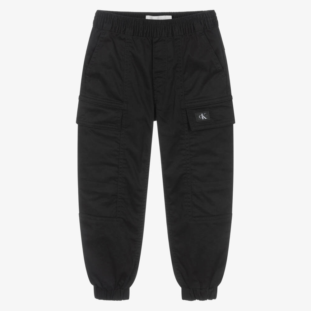 Calvin Klein-Boys Black Cotton Cuffed Cargo Trousers | Childrensalon