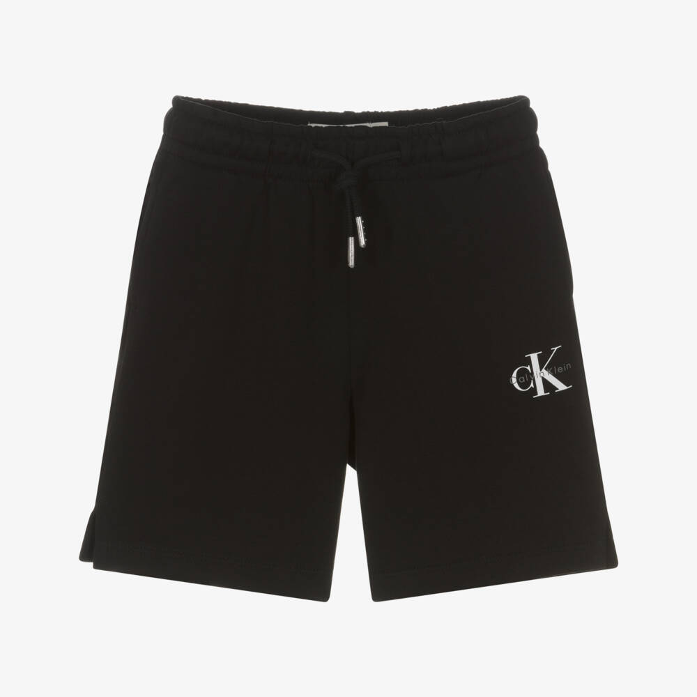 Calvin Klein-Boys Black Cotton Jersey CK Monogram Logo Shorts | Childrensalon