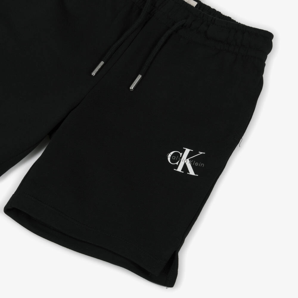 Calvin Klein-Boys Black Cotton Jersey CK Monogram Logo Shorts | Childrensalon
