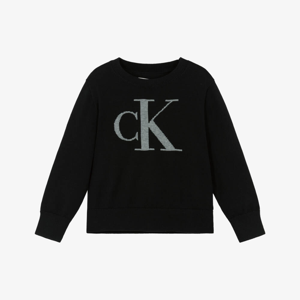 Calvin Klein-Boys Black Cotton Knit CK Monogram Sweater | Childrensalon