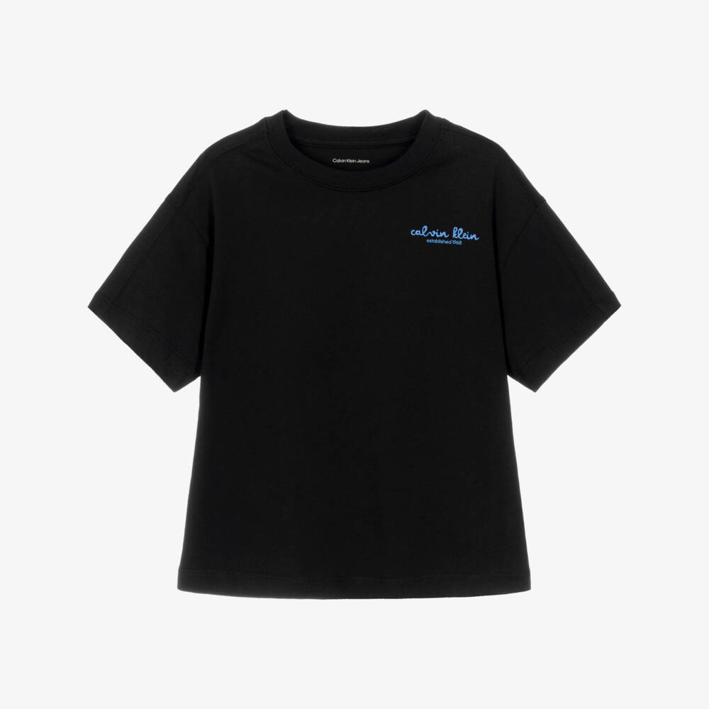 Calvin Klein-Boys Black Cotton Logo T-shirt with Wave Graphic | Childrensalon