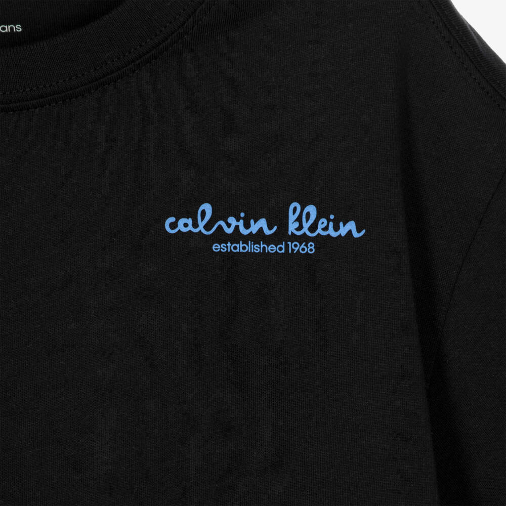 Calvin Klein-Boys Black Cotton Logo T-shirt with Wave Graphic | Childrensalon