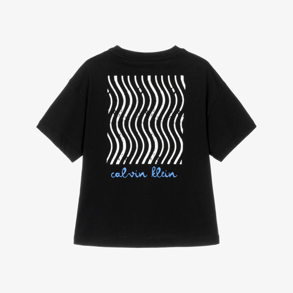 Calvin Klein-Boys Black Cotton Logo T-shirt with Wave Graphic | Childrensalon