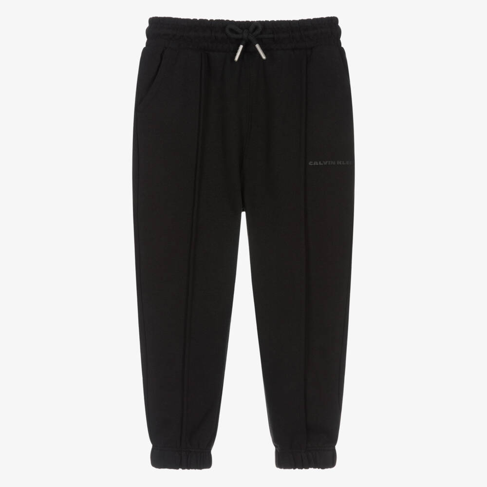 Calvin Klein-Boys Black Cotton Pintuck Joggers with White Logo | Childrensalon