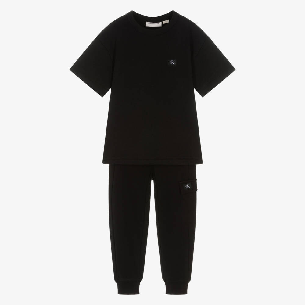 Calvin Klein-Boys Black Cotton T-Shirt & Joggers Set with Monogram Logo | Childrensalon