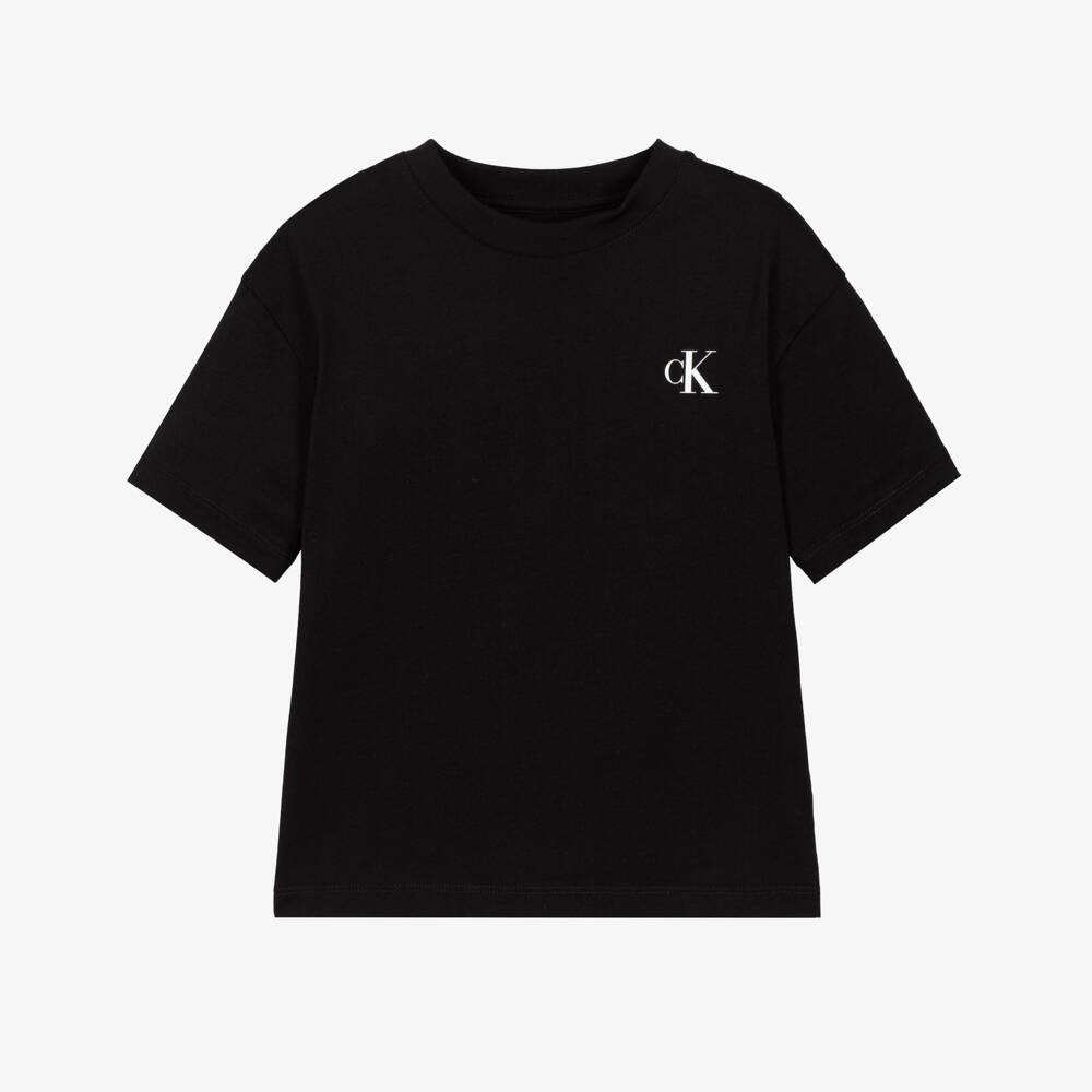 Calvin Klein-Boys Black Cotton T-Shirt with Bridge Graphic on the Back | Childrensalon