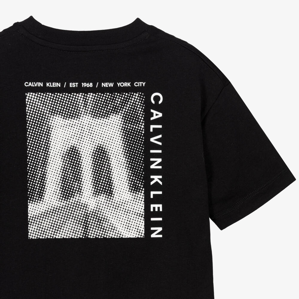 Calvin Klein-Boys Black Cotton T-Shirt with Bridge Graphic on the Back | Childrensalon