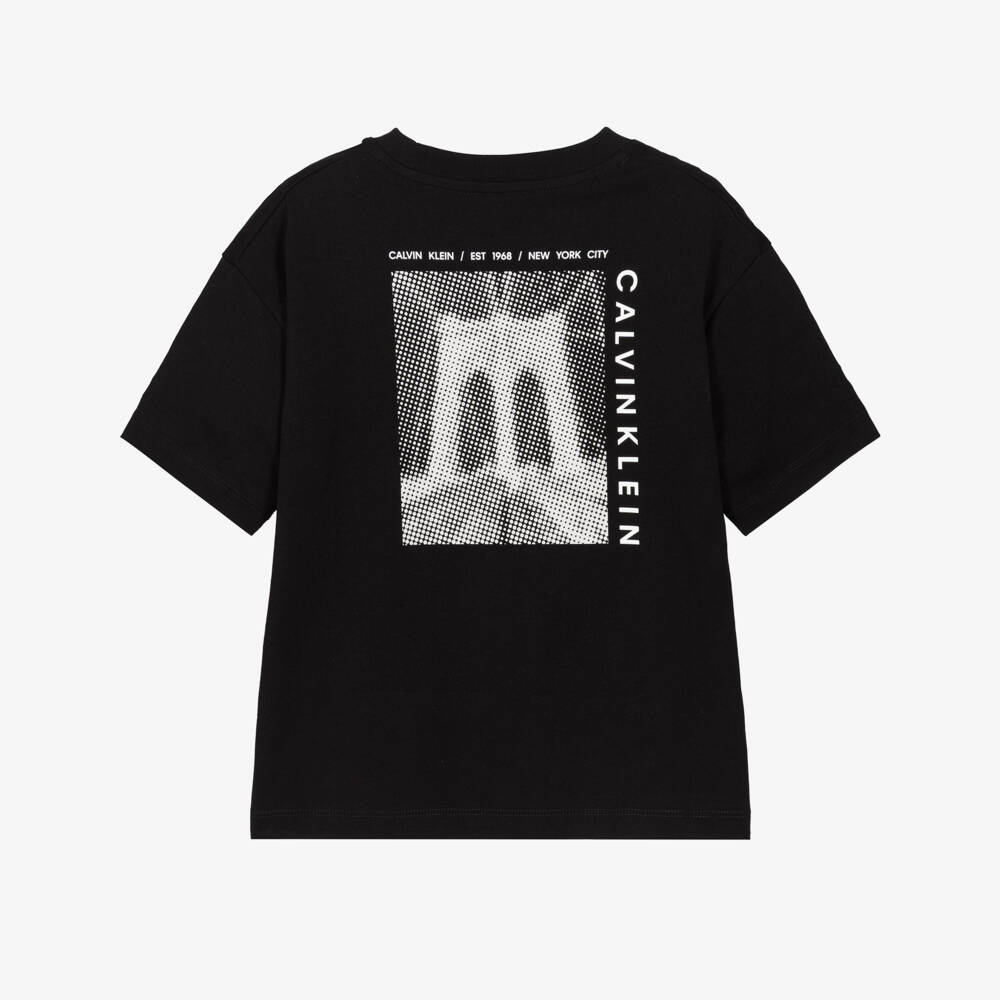 Calvin Klein-Boys Black Cotton T-Shirt with Bridge Graphic on the Back | Childrensalon