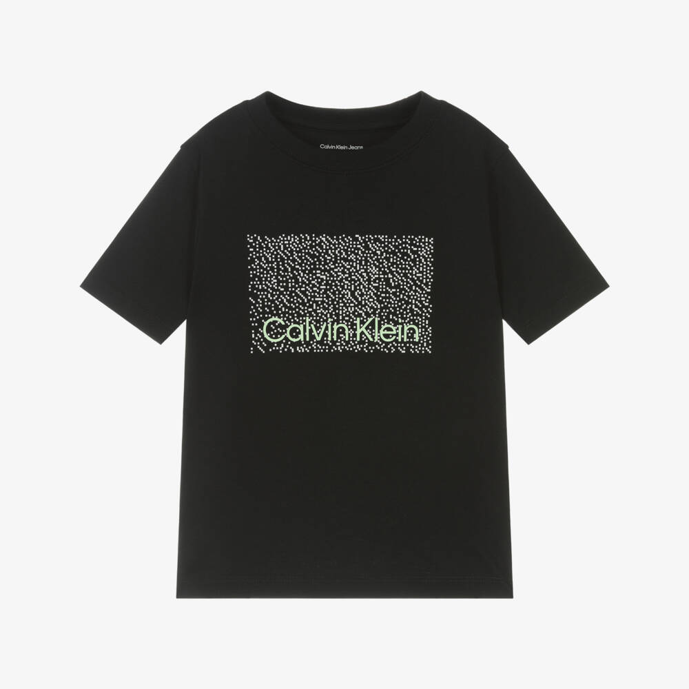 Calvin Klein-Boys Black Cotton T-Shirt with Pixelated Logo | Childrensalon
