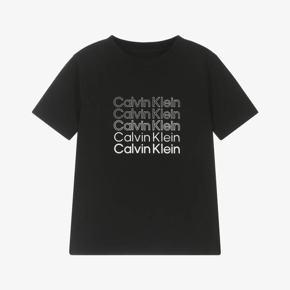 Calvin Klein-Boys Black Cotton T-Shirt with Repeat Logo | Childrensalon
