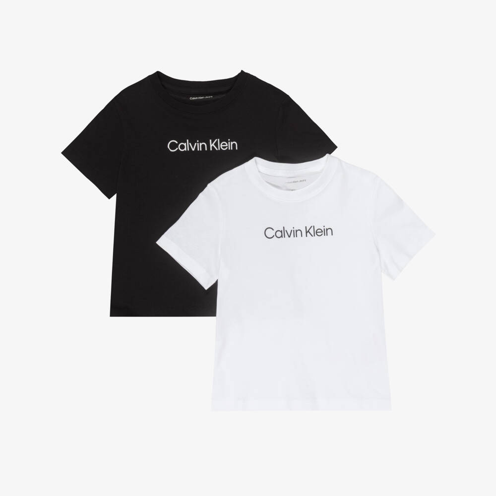 Calvin Klein-Boys Black & White Cotton Logo T-Shirts (2 Pack) | Childrensalon