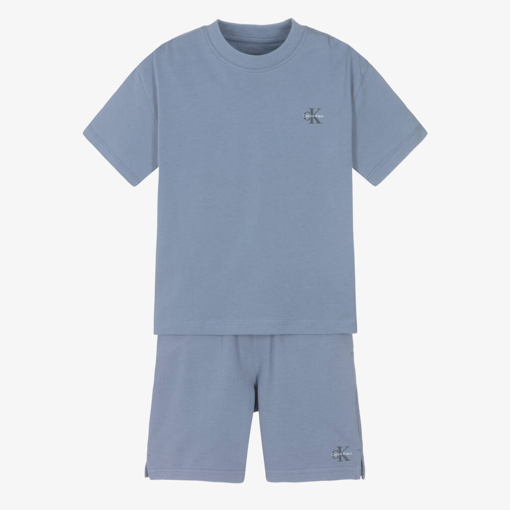 Calvin Klein-طقم شورت قطن جيرسي لون أزرق للأولاد | Childrensalon