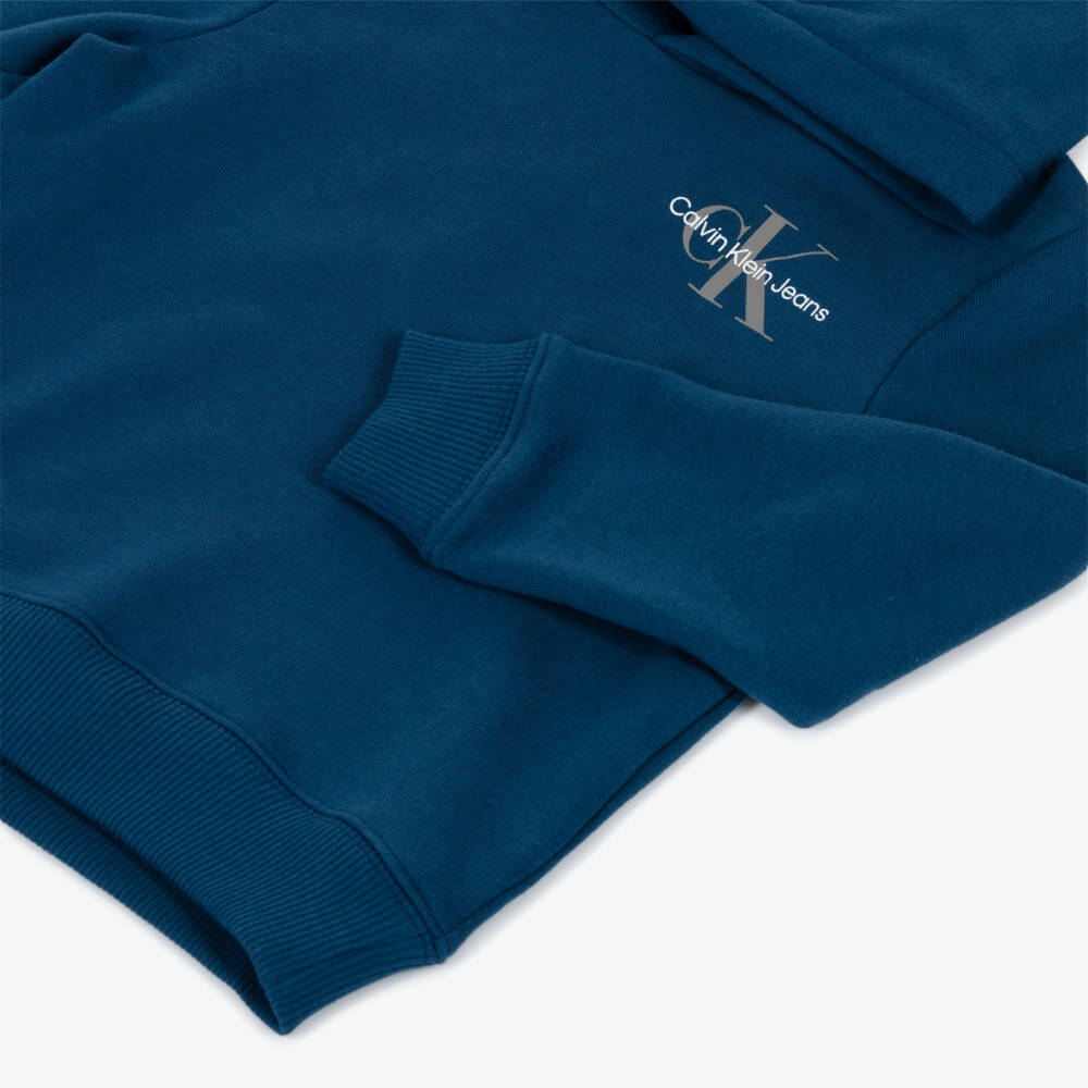 Calvin Klein-Boys Blue Cotton Monogram Logo Hoodie | Childrensalon