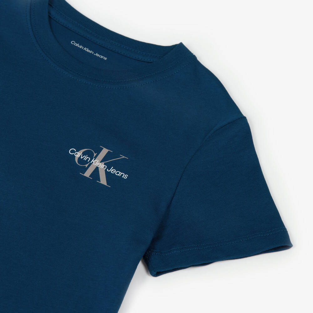 Calvin Klein-Boys Blue Cotton Monogram Logo T-Shirt | Childrensalon