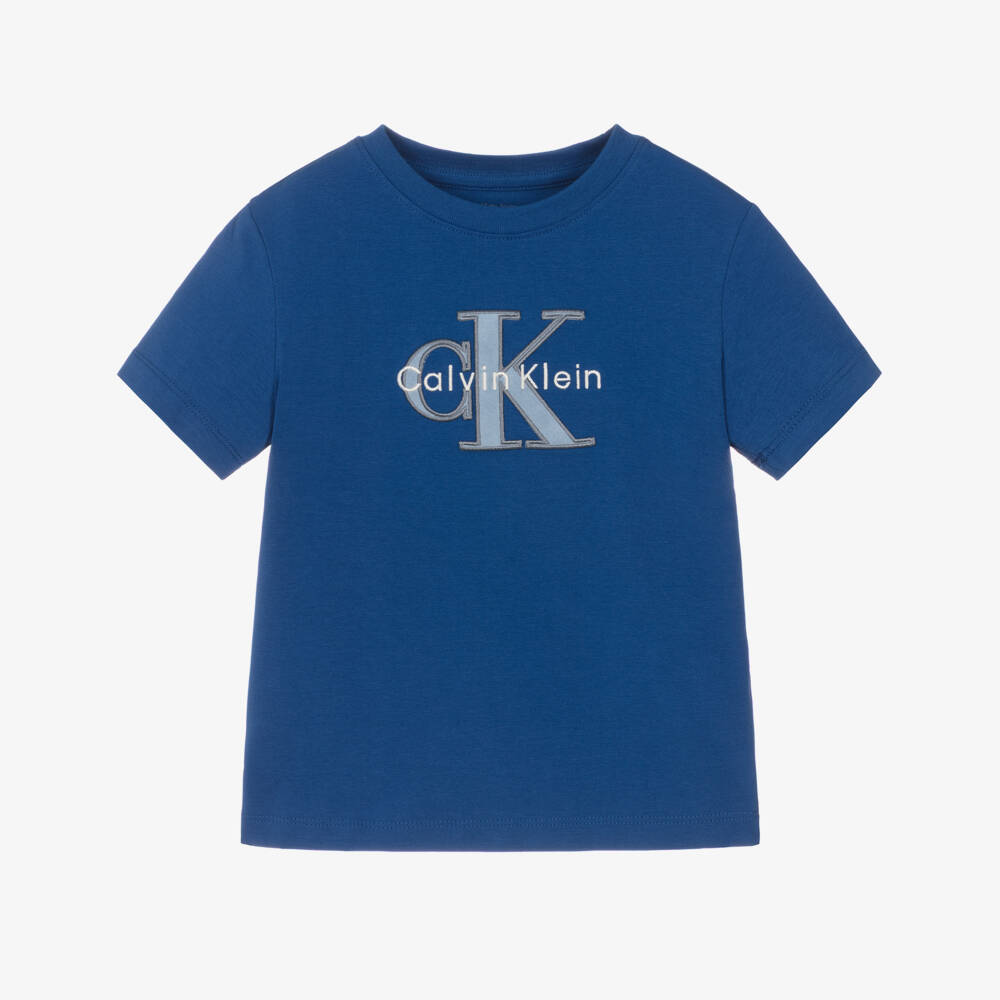 Calvin Klein-Boys Blue Cotton Monogram Logo T-Shirt | Childrensalon