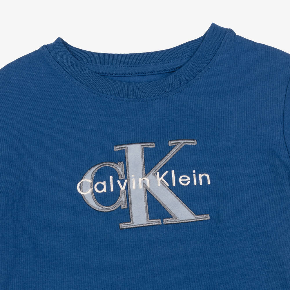 Calvin Klein-Boys Blue Cotton Monogram Logo T-Shirt | Childrensalon