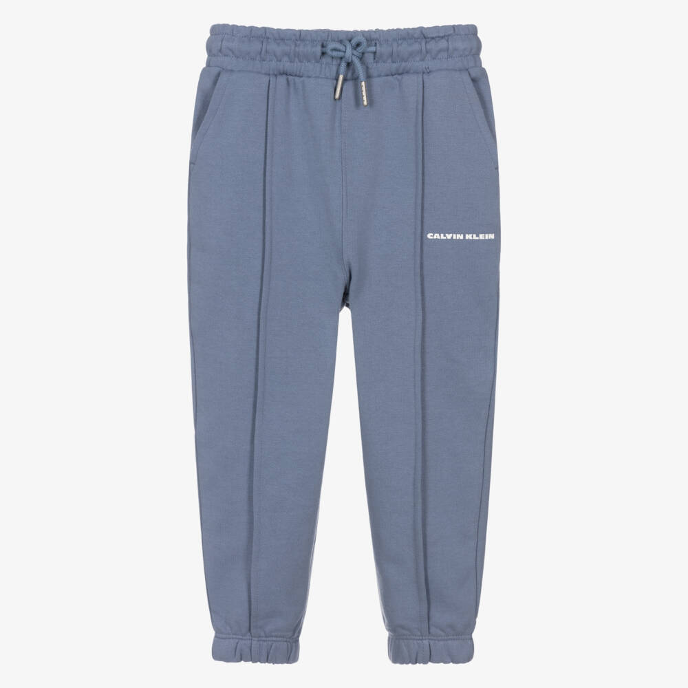 Calvin Klein-Boys Blue Cotton Pintuck Joggers with White Logo | Childrensalon