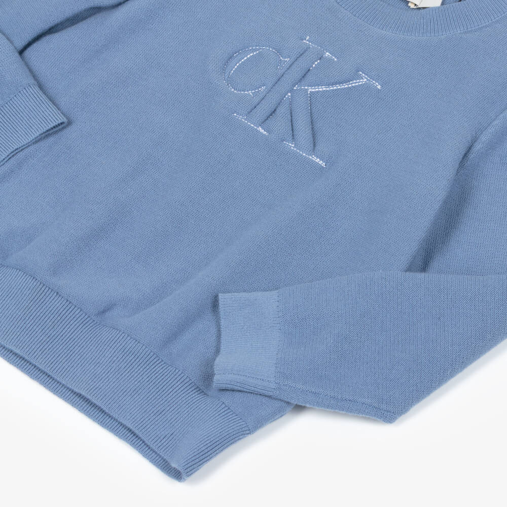 Calvin Klein-Boys Blue Cotton Sweater with Raised Monogram Logo | Childrensalon