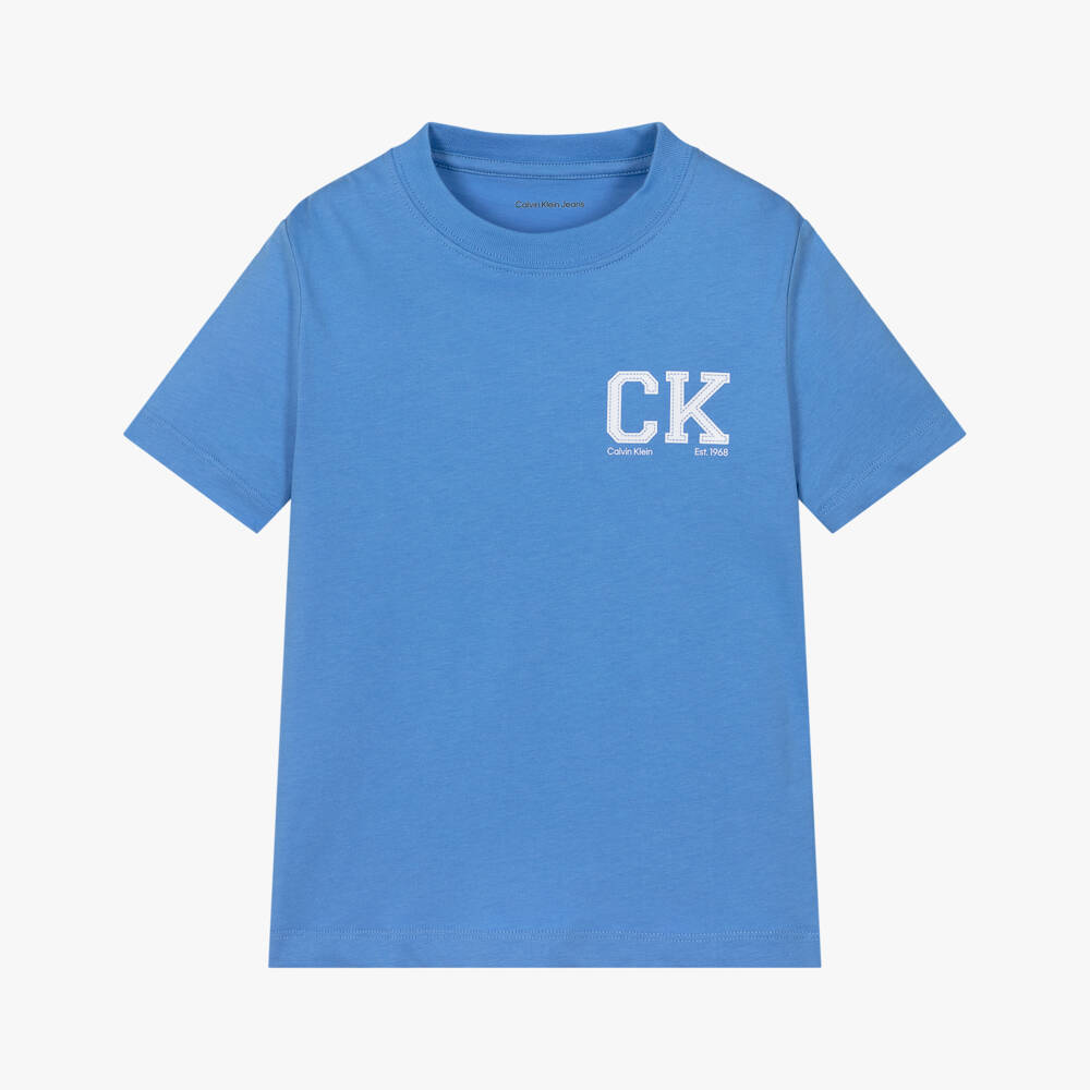 Calvin Klein-Boys Blue Cotton T-Shirt with CK Monogram Print | Childrensalon