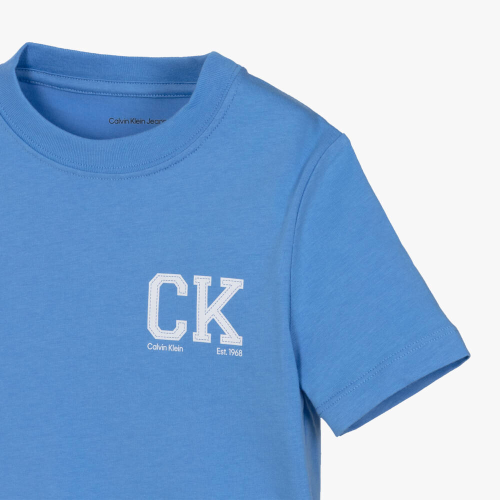 Calvin Klein-Boys Blue Cotton T-Shirt with CK Monogram Print | Childrensalon