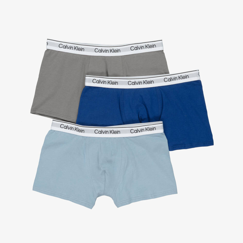 Calvin Klein-Boys Blue & Grey Cotton Boxer Shorts (3 Pack) | Childrensalon