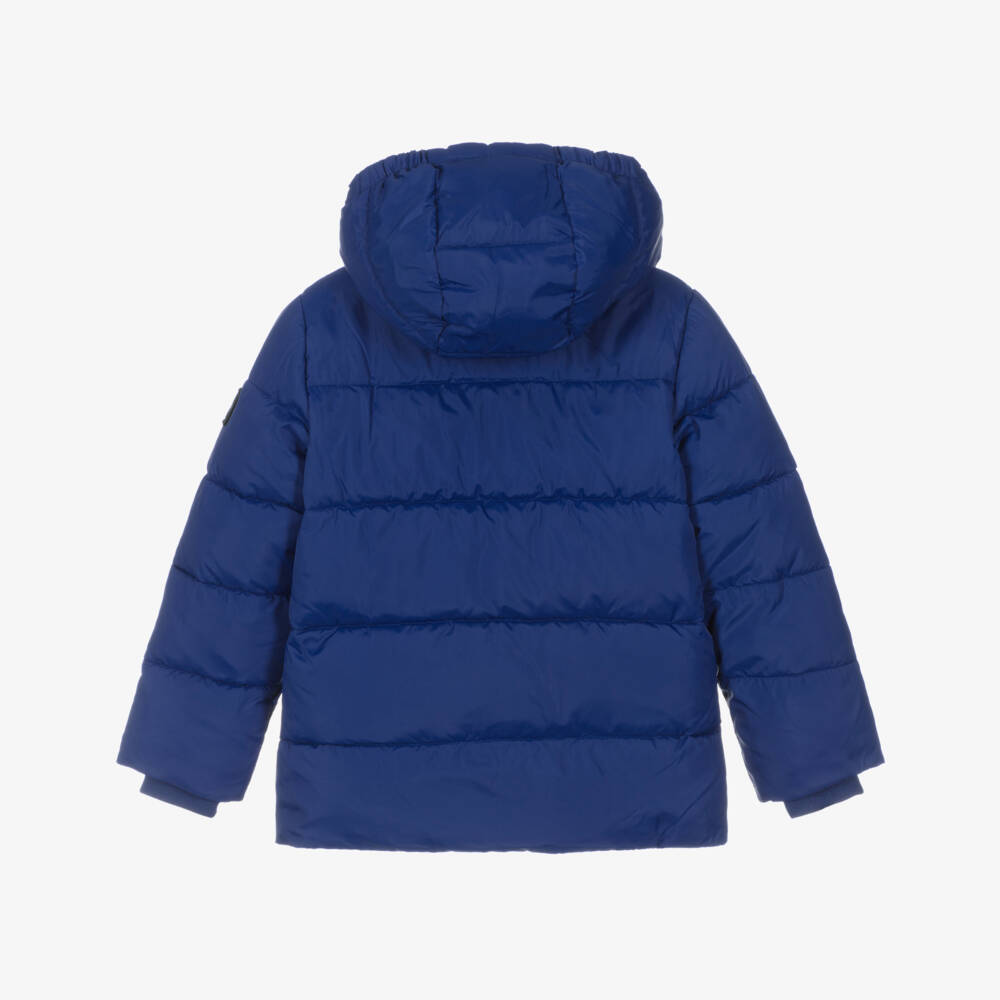 Calvin Klein-Boys Blue Hooded Puffer Coat with Monogram Logo Badge | Childrensalon