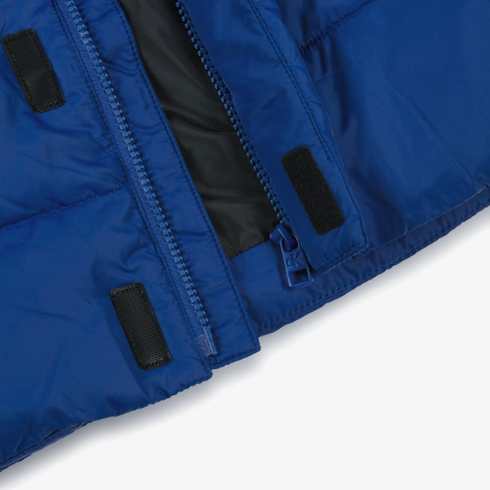 Calvin Klein-Boys Blue Hooded Puffer Coat with Monogram Logo Badge | Childrensalon