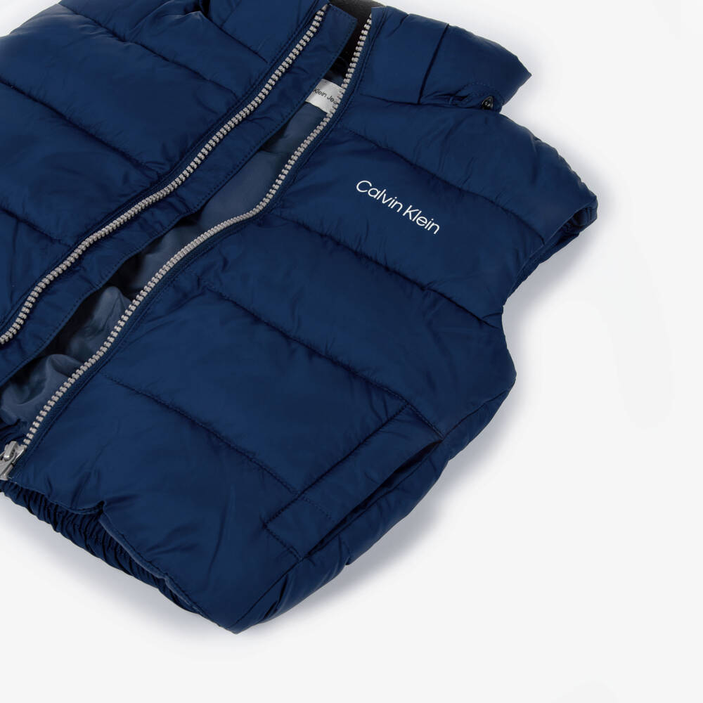Calvin Klein-Boys Blue Puffer Gilet with Detachable Hood | Childrensalon