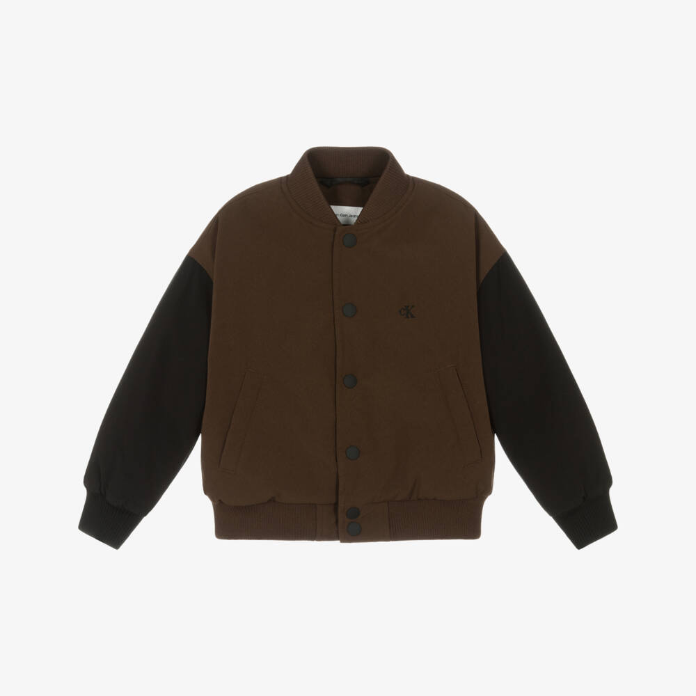 Calvin Klein-Boys Brown Bomber Jacket with Monogram Logo | Childrensalon