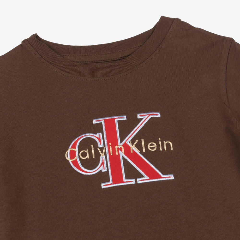 Calvin Klein-Boys Brown Cotton Monogram Logo T-Shirt | Childrensalon