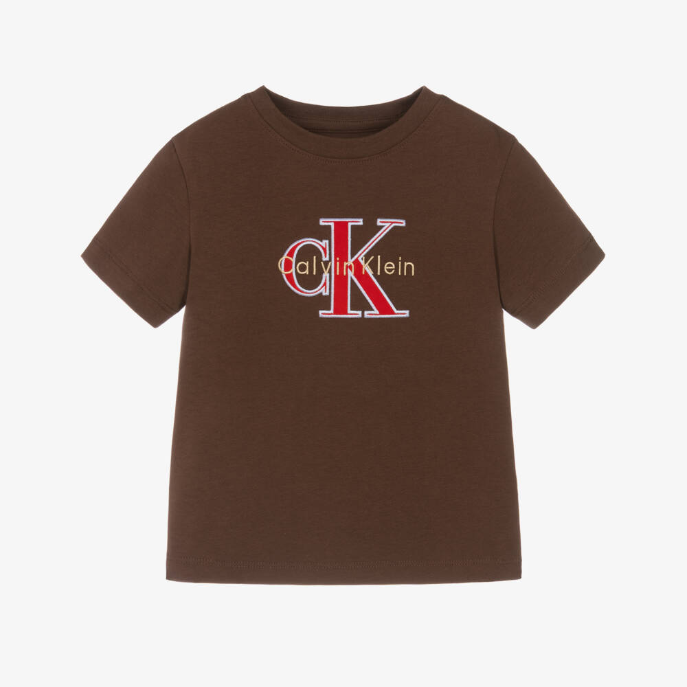Calvin Klein-Boys Brown Cotton Monogram Logo T-Shirt | Childrensalon