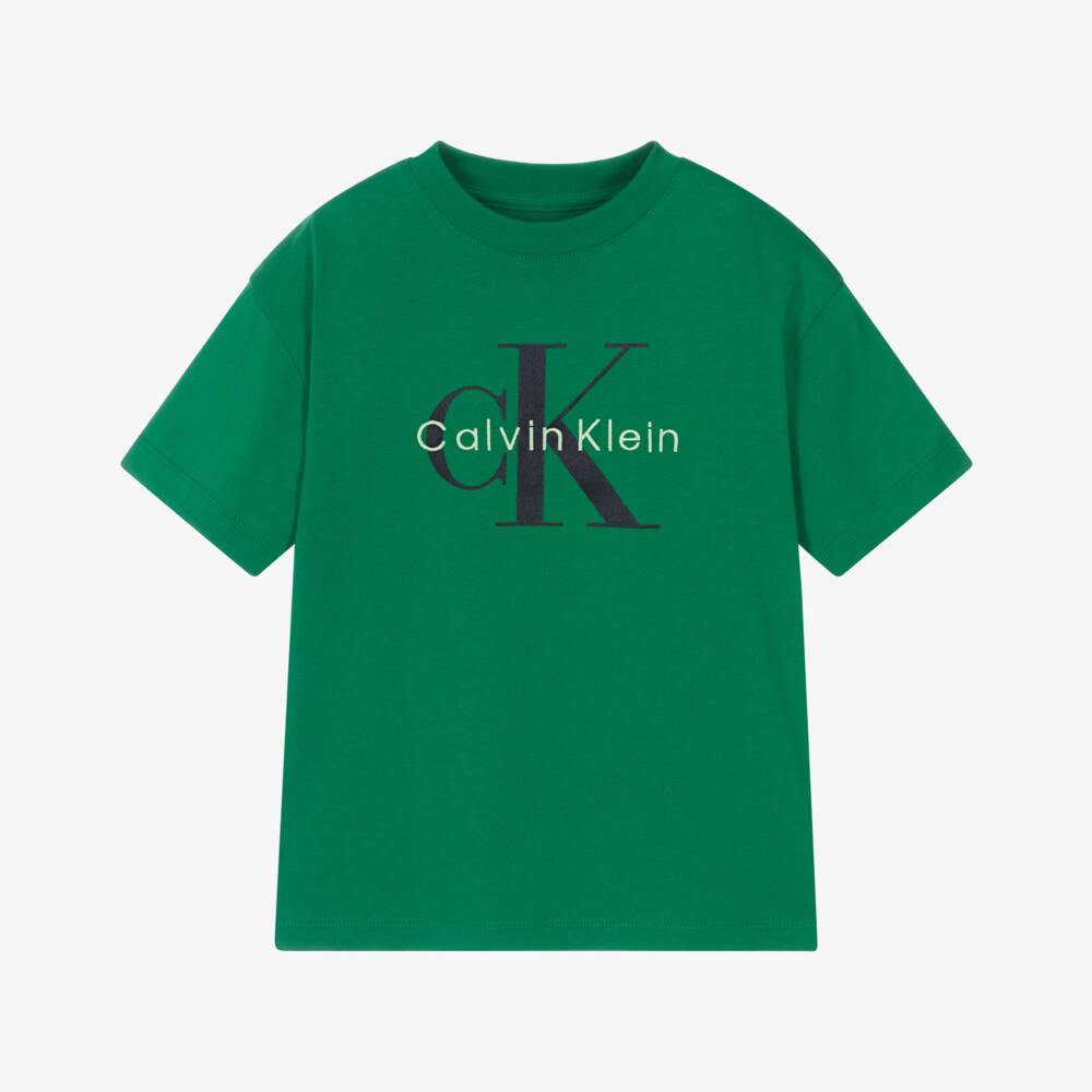 Calvin Klein-Boys Green Cotton CK Monogram T-Shirt | Childrensalon