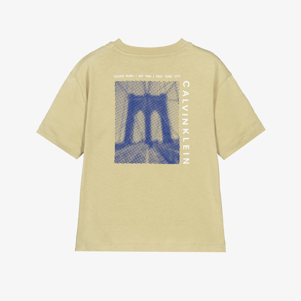 Calvin Klein-Boys Green Cotton T-Shirt with Bridge Graphic on the Back | Childrensalon
