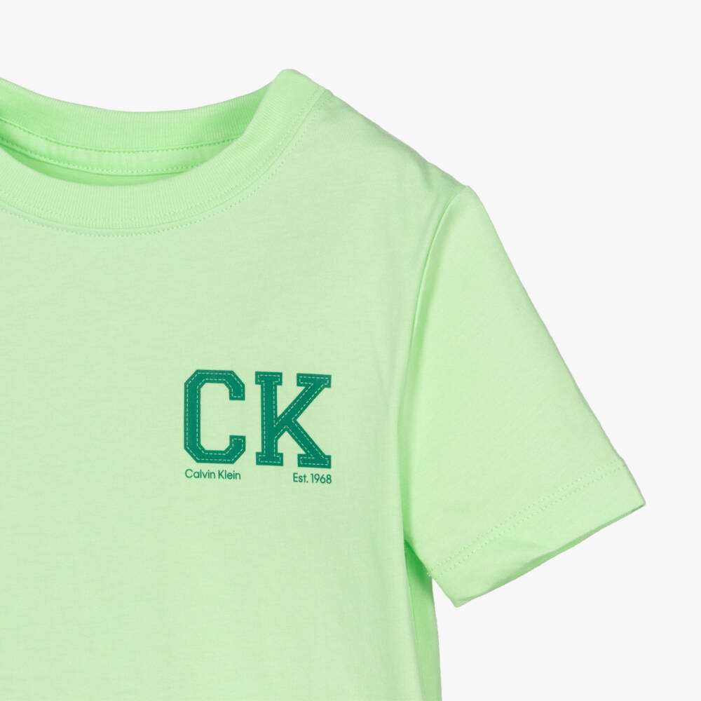 Calvin Klein-Boys Green Cotton T-Shirt with CK Monogram Print | Childrensalon