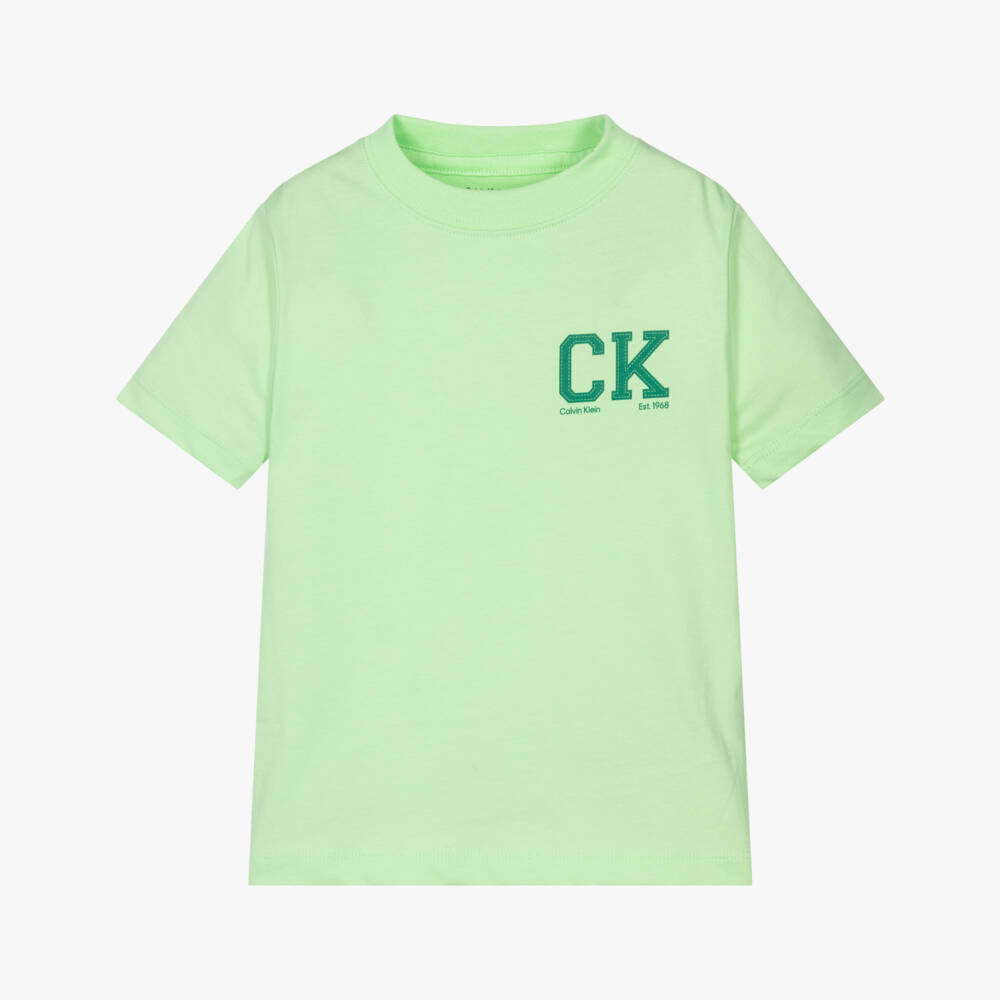 Calvin Klein-Boys Green Cotton T-Shirt with CK Monogram Print | Childrensalon