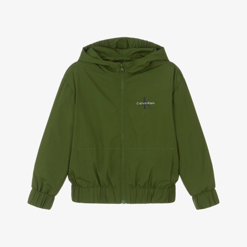 Calvin Klein-Boys Green Lightweight Hooded Jacket with Monogram Logo | Childrensalon