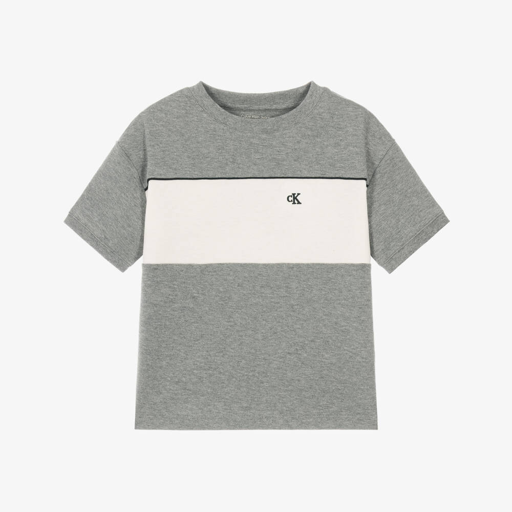 Calvin Klein-Boys Grey Cotton Jersey T-Shirt with Crew Neckline | Childrensalon