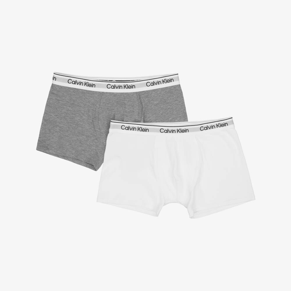 Calvin Klein-Boys Grey & White Cotton Boxer Shorts (2 Pack) | Childrensalon