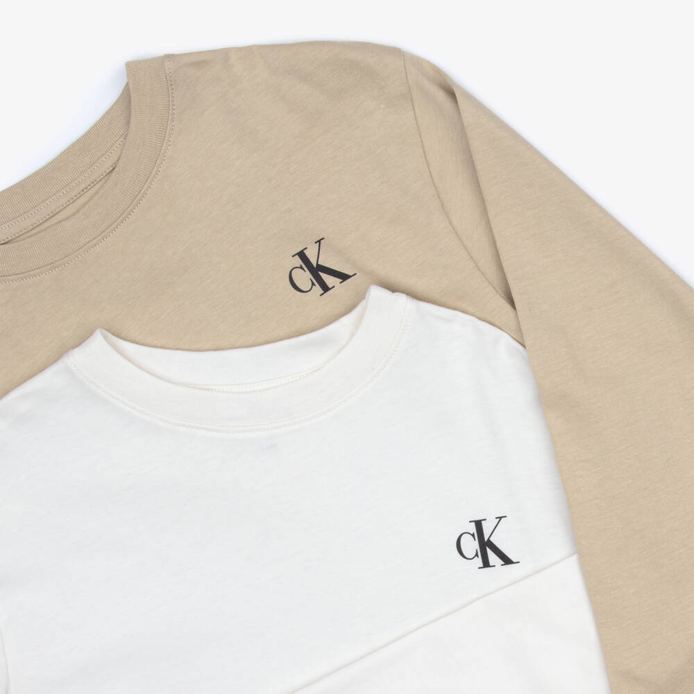 Calvin Klein-Boys Ivory & Beige Cotton Long Sleeved Tops (2 Pack) | Childrensalon