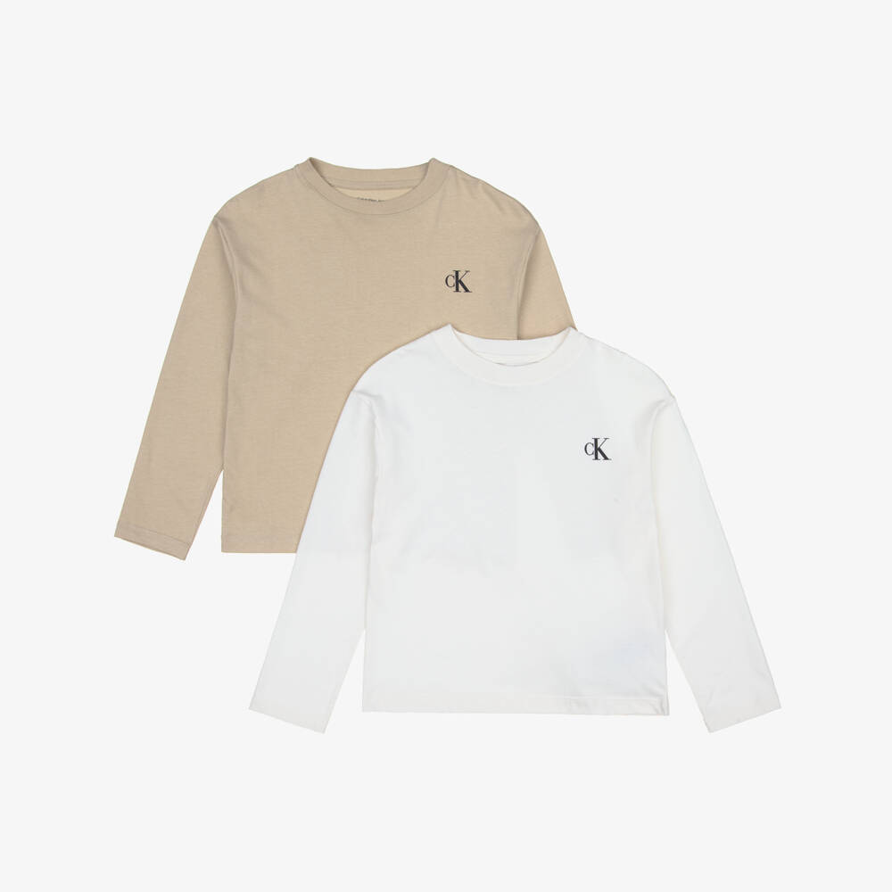 Calvin Klein-Boys Ivory & Beige Cotton Long Sleeved Tops (2 Pack) | Childrensalon